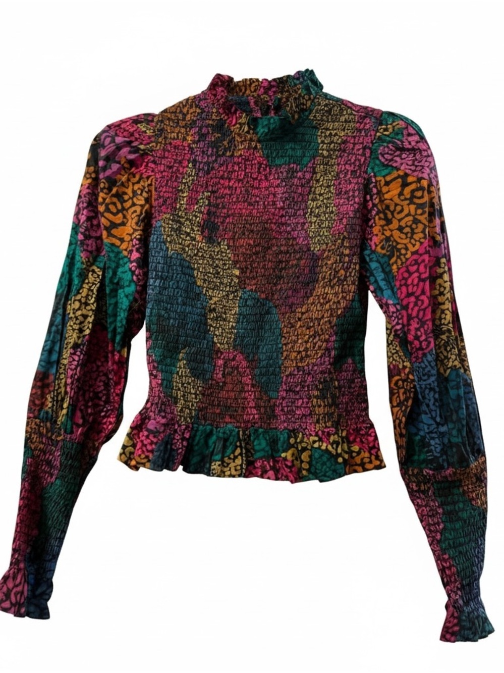 FARM Rio Multicolor Smocked Long Sleeve Top — Pink, Teal, Mustard, Blue